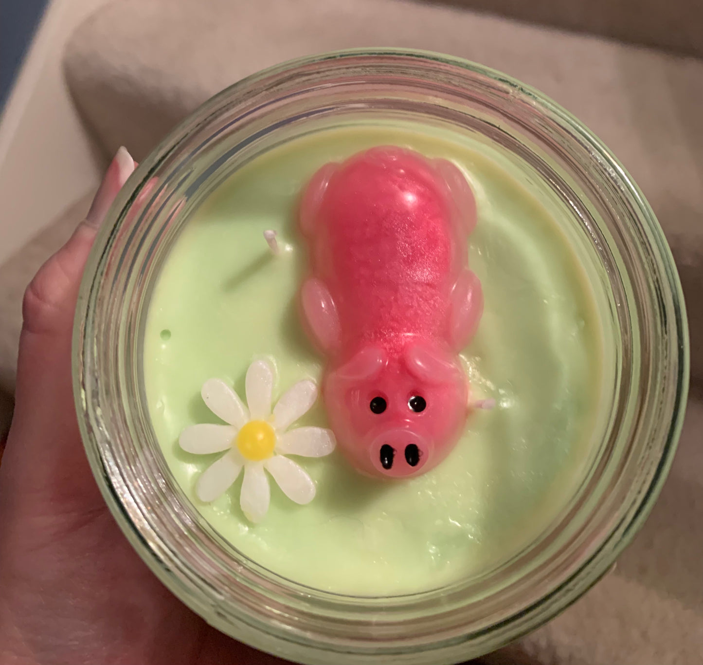 Sweet Pea Piggy themed 2 wick soy candle